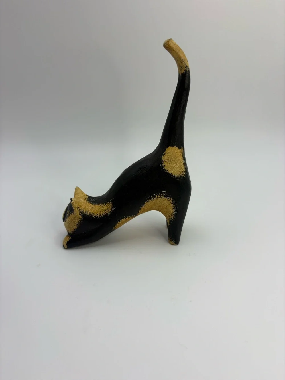 Vintage Bali Wood Hand Carved Long Tail Cat Figurine Black Cream Folk Art Decor